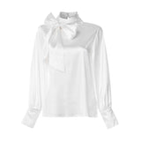 CHICDEAR Satin Blouse Womenfashion Tunics Tops 2023 Autumn Elegant Bow Tie Lantern Sleeve Belted Shirt Casual Slik Party Blusas