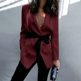 CHICDEAR Women Sexy Deep V Neck Suit Blazer 2023 Long Sleeve Blazer Elegant Bow Belted Lapel Collar Formal Blazer Coat Outerwear