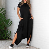 CHICDEAR 2023 Women Vintage Jumpsuits Fashion Drop-Crotch Short Sleeve Asymmetrical Jumpsuits Summer Long Palazzo Casual Playsuits