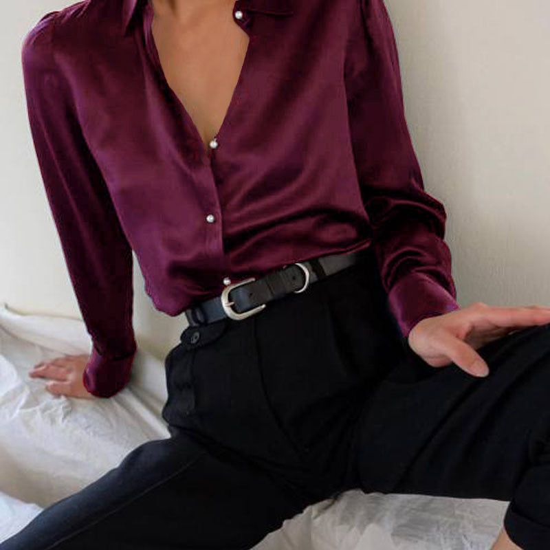 CHICDEAR Fashion Satin Blouse 2023 Summer Women Long Sleeve Vintage Buttons Lapel Street Party Shirt Elegant Silk Tunic Top Blusas
