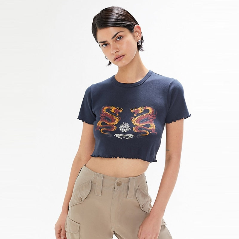 Chicdear Navy Blue Tshirt Women Cartoon Tees Summer Tops Fashion Casual Female Oversized Crop T-Shirt 2023 Streetwear Summer Vestidos