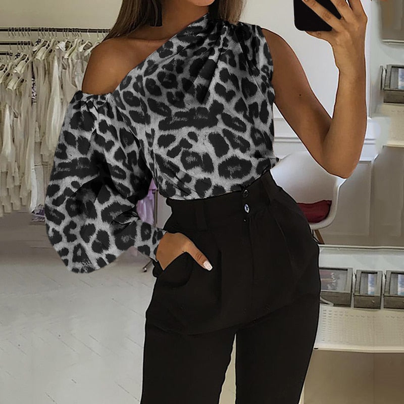 CHICDEAR Fashion Satin Blouses Women Sexy Off Shoulder Long Sleeve Party Tops Casual Vintage Leopard Print Elegant Work Blusas
