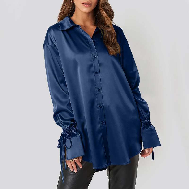 CHICDEAR 2023 Elegant Satin Shirts Autumn Women Fashion Blouses Long Flare Sleeve Turn-Down Collar Tops Casual Office Blusas Femme
