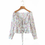 Chicdear Palace Square Collar Women Tops And Blouses Sexy Summer Hollow Out Beach Boho Front Bandage Vintage Floral Print Shirt