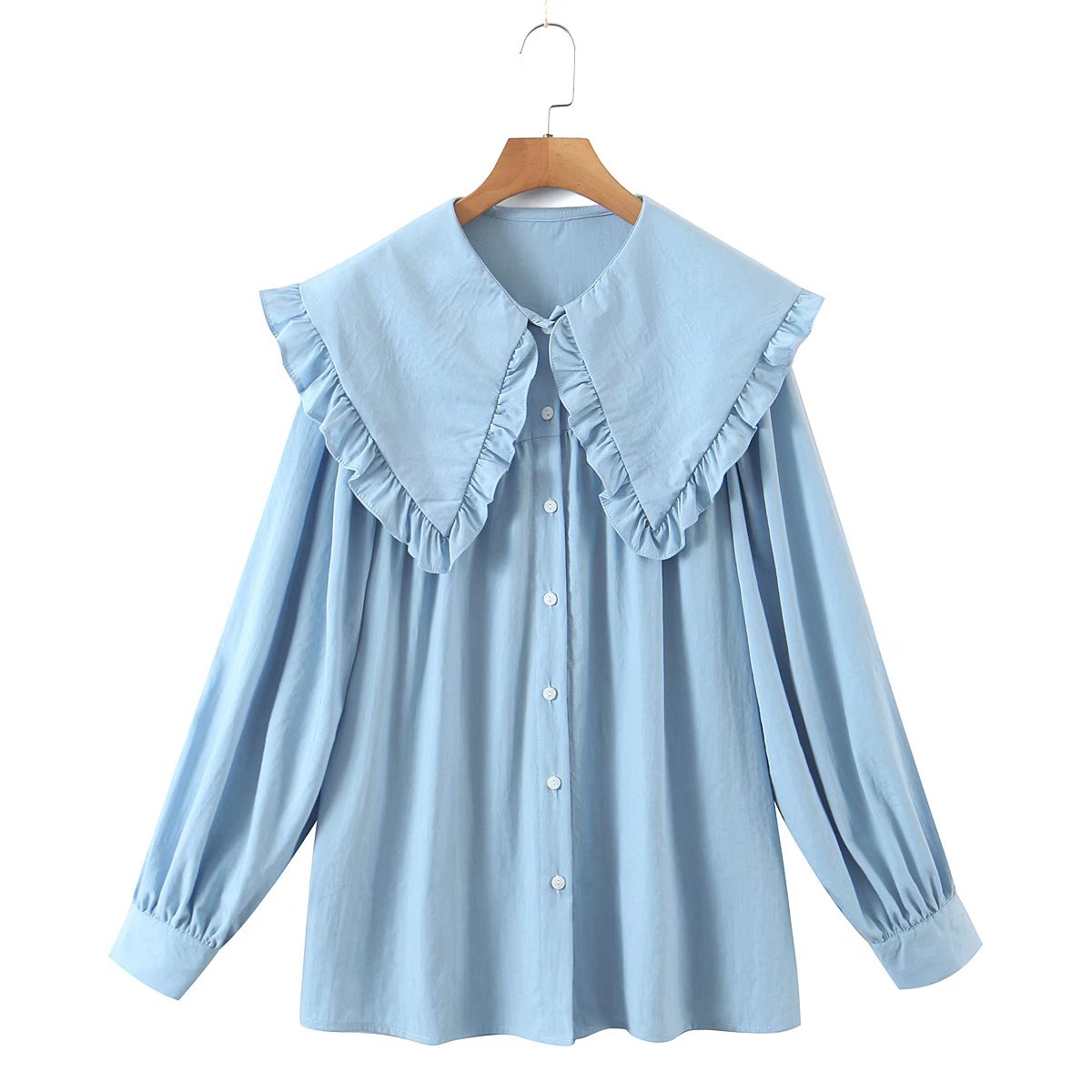 Chicdear Sweet Blue Button-Up Loose Blouses Women's Peter Pan Collar Long Sleeve Female Shirts Chic Tops
