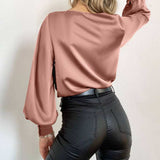 CHICDEAR Elegant Satin Blouse 2023 Autumn Women Lantern Sleeve Long Shirts Fashion Cowl Neck Casual Solid Streetwear Tunic Tops