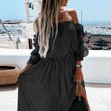 CHICDEAR Bohemian Maxi Sundress 2023 Summer Women Sexy Off Shoulder Ruffled Long Sleeve Sheer Dresses Casual Slit Party Vestidos