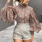 CHICDEAR 2023 Fashion Shirts Autumn Women Big Lantern Sleeve Bohemian Floral Print Blouse Casual Loose Stand Collar Elegant Tops