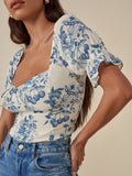 Chicdear Vintage Ivory Blue Flower Print Shirt Retro Elastic Ruched Back Square Collar Short Sleeve Short Blouse Tank Top Tops