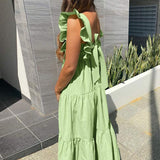CHICDEAR 2023 Summer Maxi Sundress Women Sexy Sleeveless Ruffle Dress Bohemian Square Collar Casual Solid Beach Party Vestido Robe