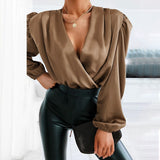 CHICDEAR Women Fashion Satin Blouses 2023 Spring Long Sleeve Sexy V-Neck Elegant OL Tops Casual Solid Party Slik Blusas Femininas