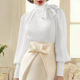 CHICDEAR Fashion Women Party Blouse Long Lantern Sleeve Shirt 2023 Autumn Bow Tie Elegant Office Ladies Top Tunic Blusas Femininas