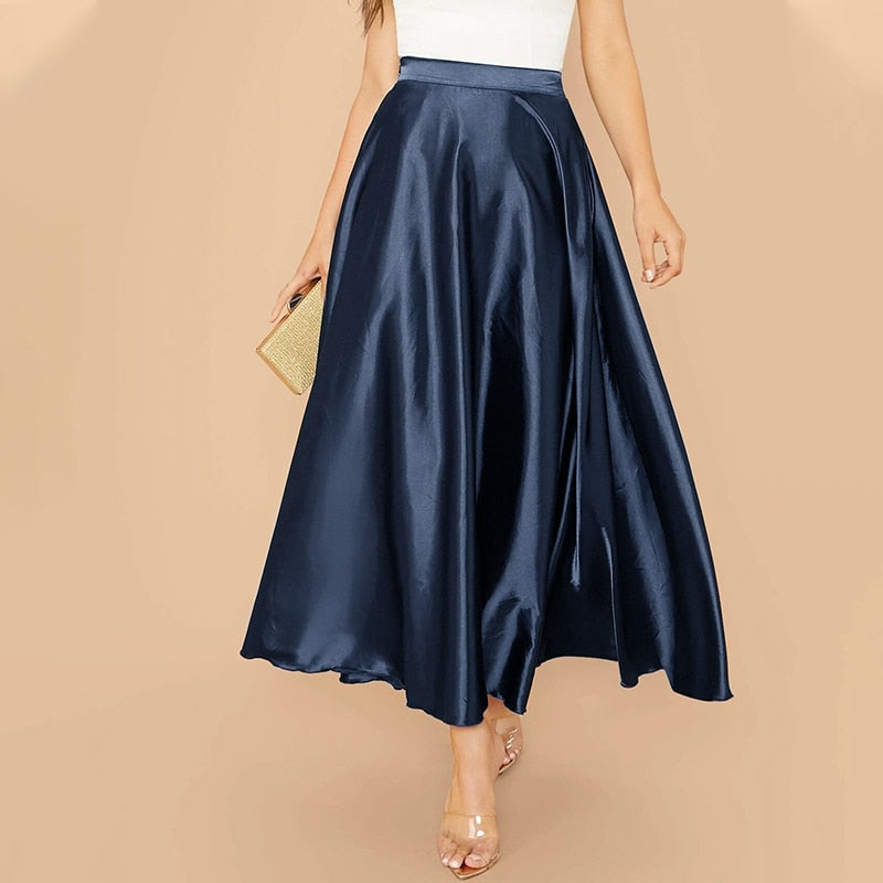 CHICDEAR Elegant High Waist Satin Skirts 2023 Fashion Women's Party Maxi Skirt Casual Solid Color Loose A-Line Skirt Streetwear