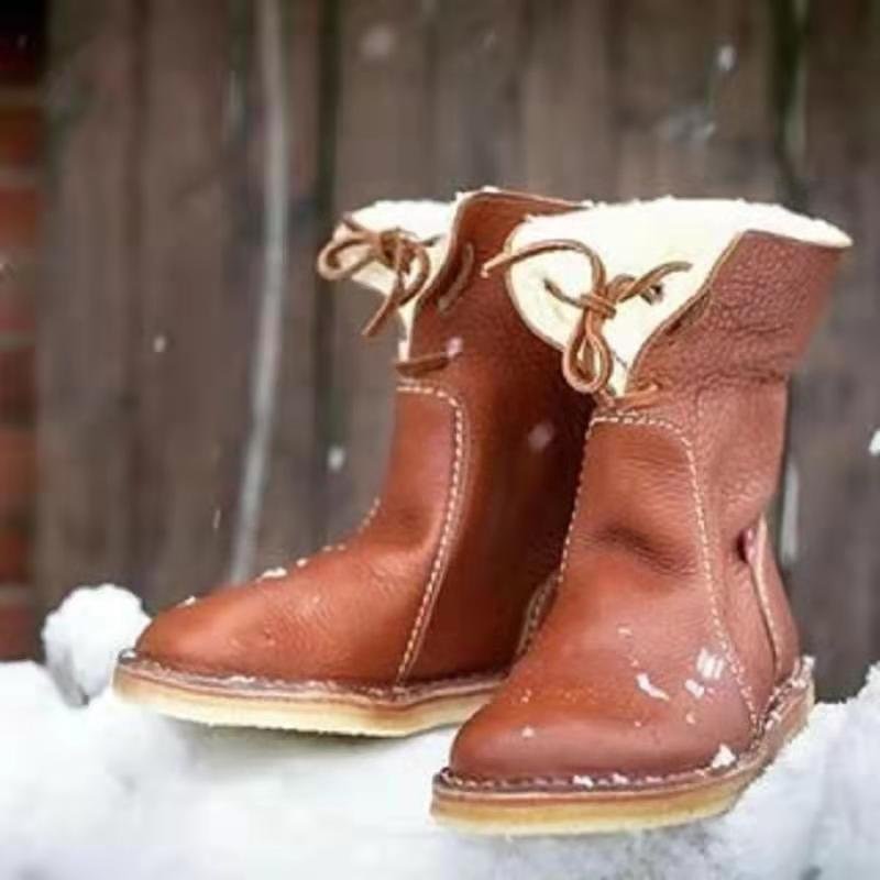 CHICDEAR Women Winter Leather Boots Keep Warm Fur Plush Snow Boots New  Round Toe Walking Flat Shoes Female Outdoor Footwear