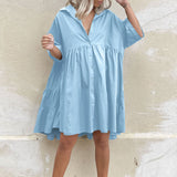 CHICDEAR Elegant Shirt Dress 2023 Summer Fashion Women's Sundress Short Sleeve Buttons Solid Ruffled Party Knee-Length Loose Robe