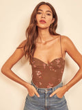 Chicdear Summer Women Camis Short Sexy Casual Sleeveless Floral Print Brown Tank Top Slim Adjustable Slim Top Spaghetti Straps