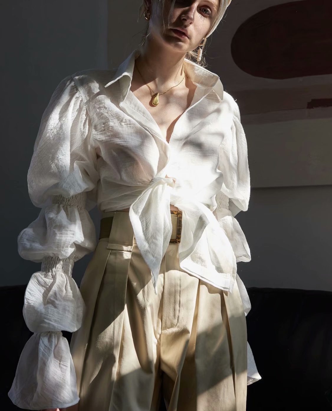 Chicdear Minimalist Women Elegant Long Shirt Turn Down Collar Puff Sleeve Blouse Female Loose White Office Lady Tops