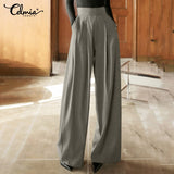 CHICDEAR 2023 Autumn Winter Women Wide Leg Pants Fashion Solid Pleated Trousers High Waist Casual Office Pockets Long Pantalons