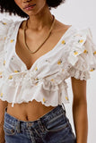 Chicdear Women Sweet Fashion Floral Embroidery Ruffled Blouses Vintage V Neck Short Sleeve Female Shirts Blusas Chic Tops