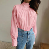 CHICDEAR Elegant Bowknot Blouses Women 2023 Fashion Stand Collar Party Shirt Summer Casual Pleated Solid Top Long Sleeve Tunics