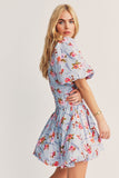 Chicdear 2024 Summer Women's Pleated Flower Print Mini Dress Fashion Square Neck Puff Short Sleeve Women's Mini Dress