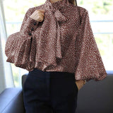 CHICDEAR 2023 Fashion Bow Tie Elegant Top Women Lantern Sleeve Printed Blouse Elegant Ladies Shirt High Collor Casual Party Blusas