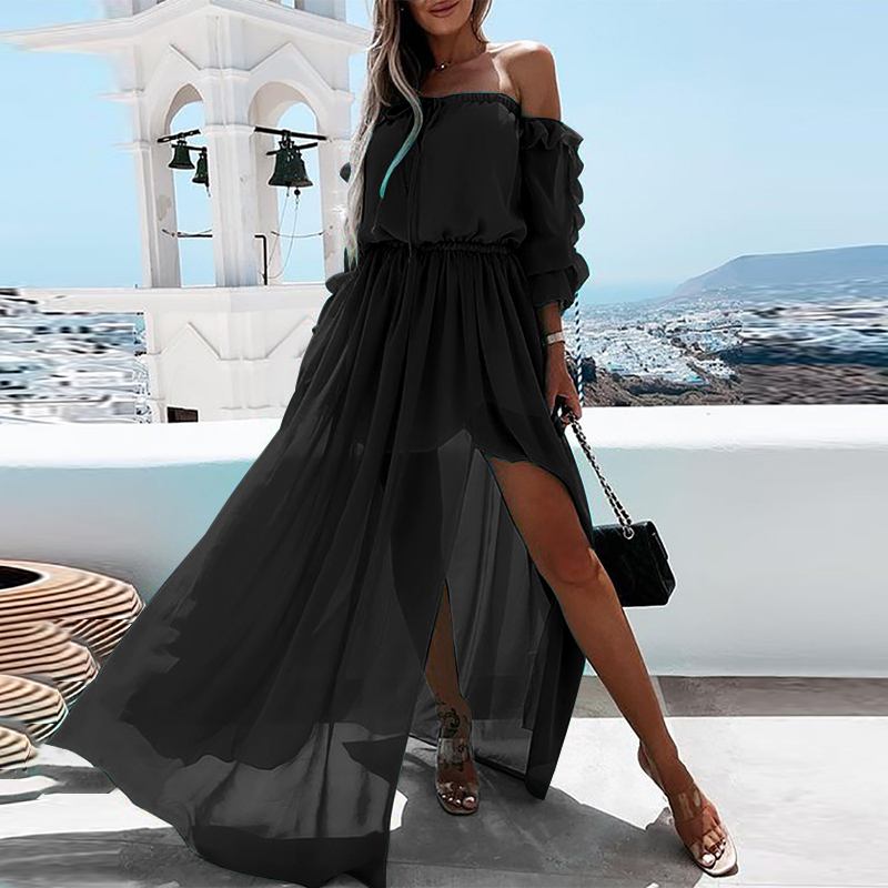 CHICDEAR Bohemian Maxi Sundress 2023 Summer Women Sexy Off Shoulder Ruffled Long Sleeve Sheer Dresses Casual Slit Party Vestidos