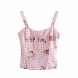 Chicdear Women 2023 Fashion With French Lattice Cherry Printing Crop Sling Tops Vintage Backless Elastic Thin Straps Female Tops