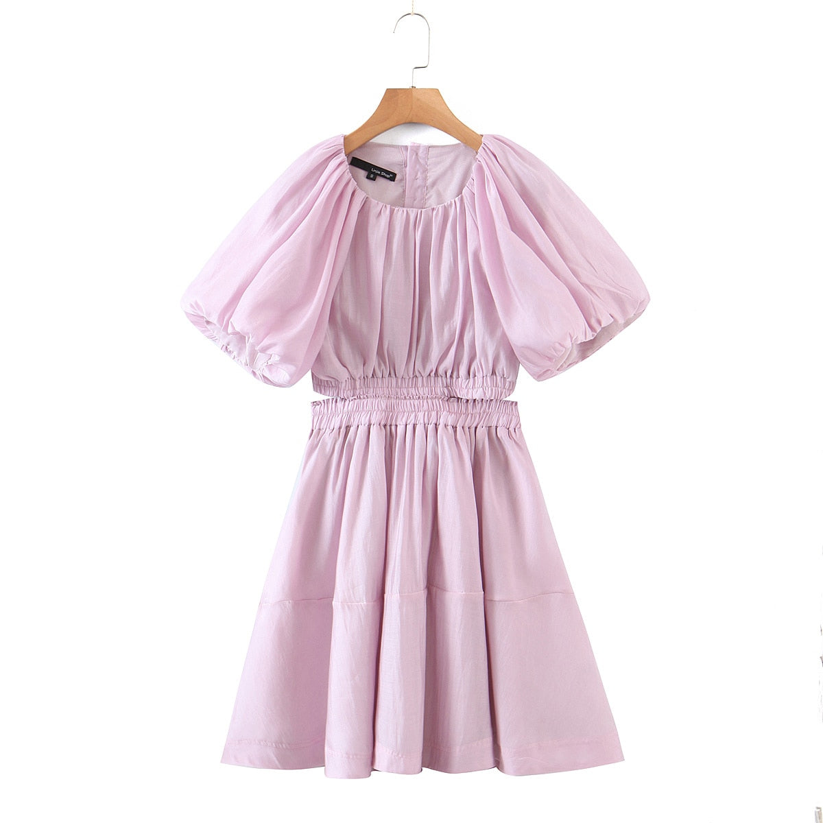 Chicdear Pink Hollow Out Dress For Women O Neck Puff Short Sleeve Elastic High Waist Ruched Slim Casual Mini Dresses Female 2023 Tide