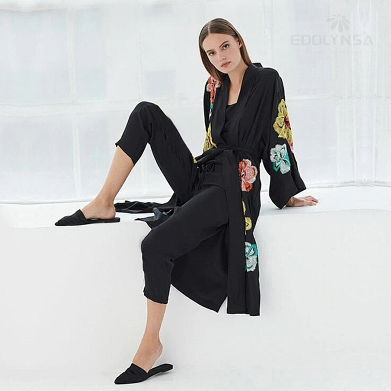 CHICDEAR 2023 Black Elegant Embroidered Self Belted Long Kimono Long Sleeve Plus Size Women Clothing Summer Beach Wear Maxi Dress Q1370
