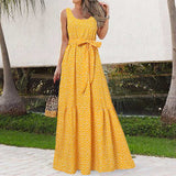 CHICDEAR 2023 Summer Bohemian Long Dress Women Sexy Sleeveless Pleated Vestidos Floral Print Belted Party Maxi Dress