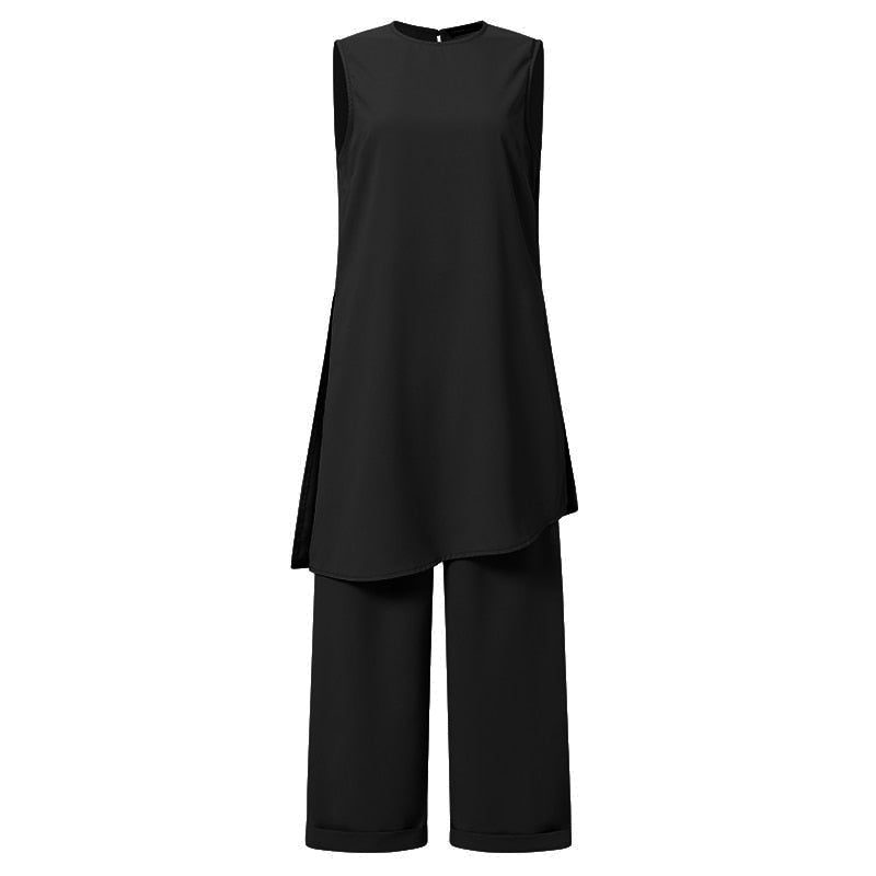 CHICDEAR 2023 Elegant Women Asymmetrical 2Pcs Sets New Fashion Sleeveless Side Slit Long Tops Folding Wide Leg Trouser Pant Set