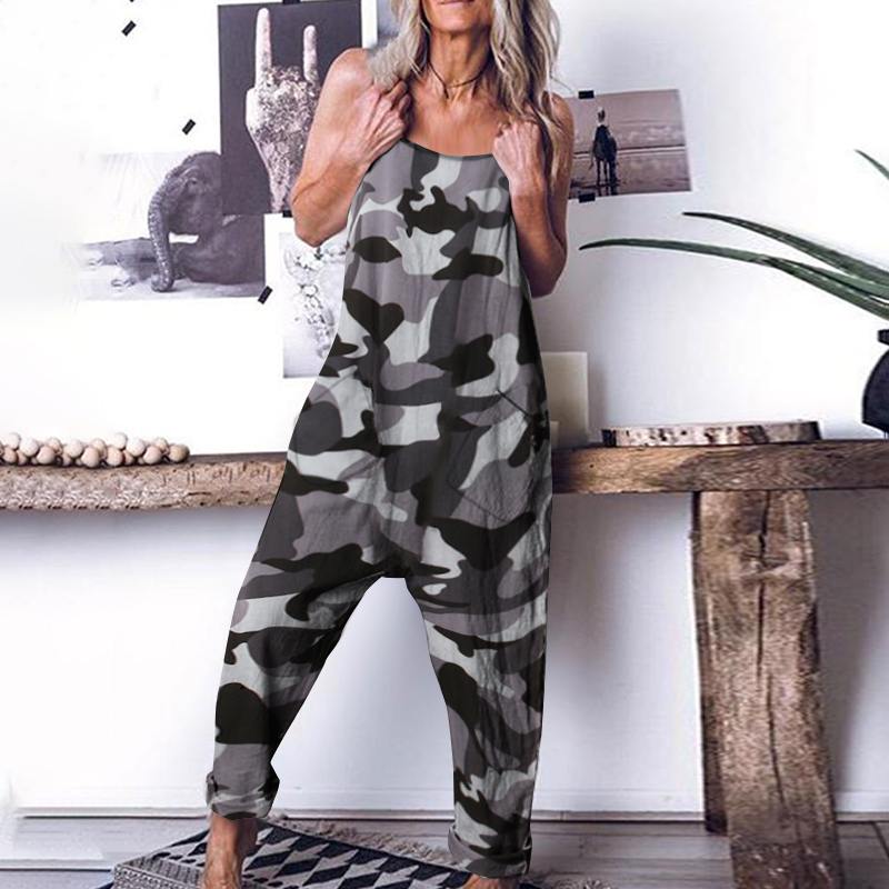 CHICDEAR 2023 Women Camouflage Printed Jumpsuits Casual Sleeveless Suspender Long Rompers Fashion Strappy Drop-Crotch Harem Pants