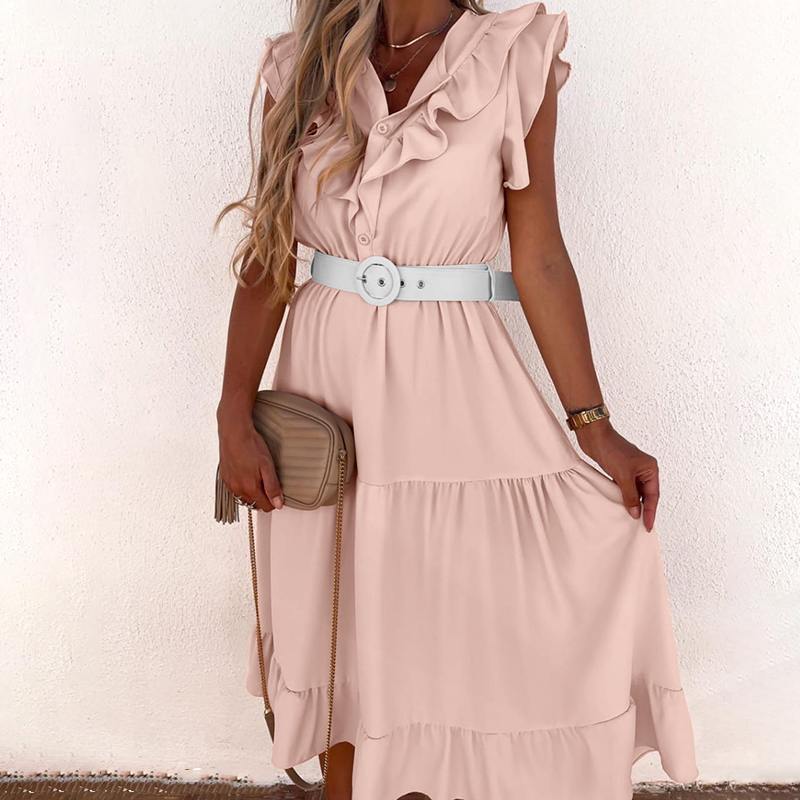 CHICDEAR Women Pleated Sundress Ruffles Stitching Solid Color Sleeveless Buttons Long Dresses Casual 2023 Summer O Neck Midi Dress