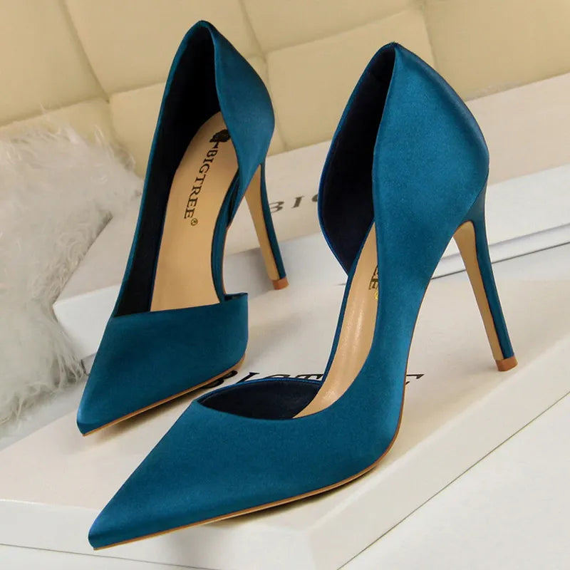 Chicdear -  Shoes Woman Pumps Black Blue Sliver Women Heels Silk High Heels Women Shoes Stiletto Heels 9.5 Cm Ladies Shoes