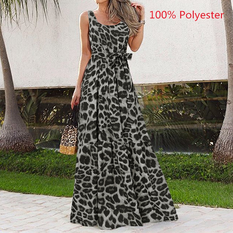CHICDEAR Bohemian Summer Dress Women Leopard Print Long Robe 2023 Holiday Sleeveless Tank Dresses Casual Belted Maxi Vestido Mujer