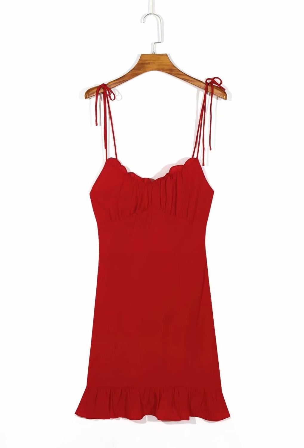 Chicdear Retro Ruffles Mini Dress Women Adjustable Spaghetti Straps Red Black Elastic Holiday Fashion Summer Dress