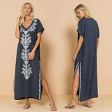 CHICDEAR 2023 Indie Folk Embroidered V-Neck Short Sleeve Summer Beach Straight Dress Sexy Tunic Women Beachwear Swimsuit Cover-Ups Q790