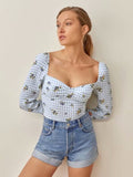 Chicdear Vintage Blue Tartan Floral Print  Women Tops And Blouses Chic Slim Long Sleeve Ropa Mujer Fashion Square Collar Shirt Tops