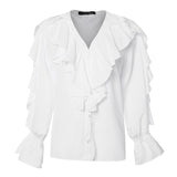 CHICDEAR 2023 Elegant Summer Sexy V-Neck Women Shirts Fashion Ruffled Long Flare Sleeve Tunic Tops Casual Loose Solid Party Blouse