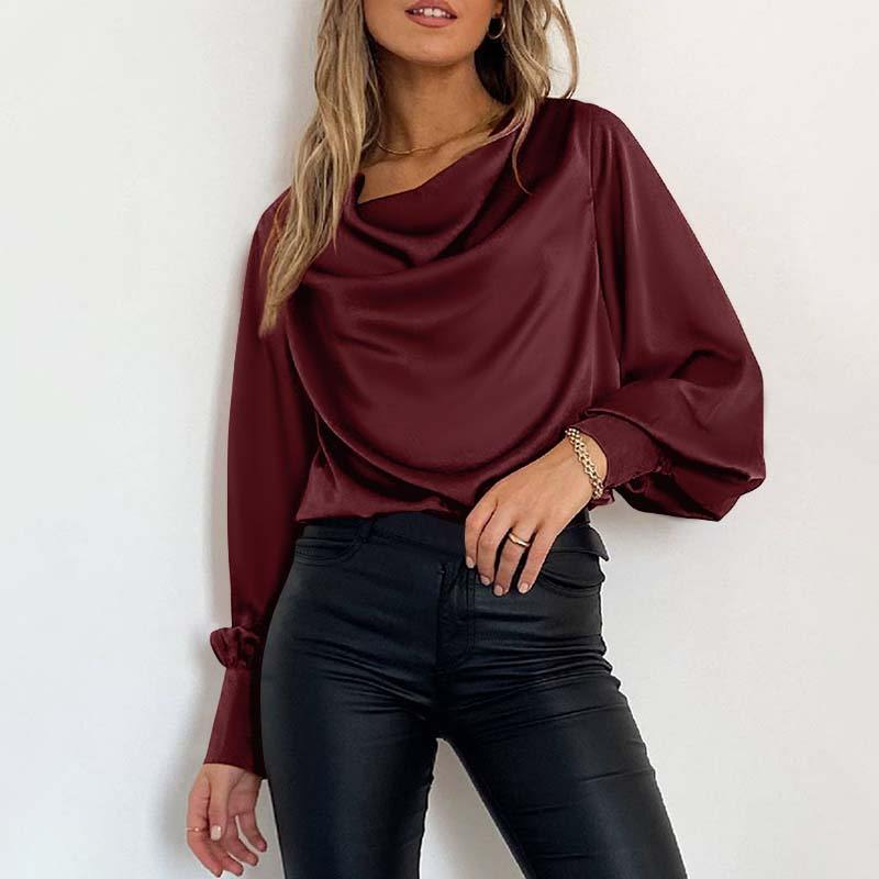 CHICDEAR Elegant Satin Blouse 2023 Autumn Women Lantern Sleeve Long Shirts Fashion Cowl Neck Casual Solid Streetwear Tunic Tops