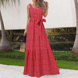 CHICDEAR Women Summer Sleeveless Dress Bohemian Elegant Floral Print Long Party Dress 2023 Holiday Casual Belted Thin Maxi Robe