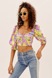 Chicdear Vintage Multicolor Print Pleated Crop Top Women Sexy V Neck Puff Sleeve Holiday Boho Summer Tops Fashion Blusas