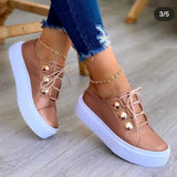 Chicdear Fall Outfit 2023 Fall Ladies Casual Shoes Leather Lace Up White Women Mesh Sneakers Thick Soled Metal Decoration Breathable Female Flat