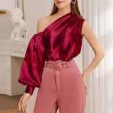 CHICDEAR Women Satin Blouse Celmia 2023 Autumn Elegant Sexy One Shoulder Tops Fashion Lantern Sleeve Asymmetrical Casual Party Shirts