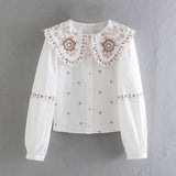 Chicdear Spring Women Flower Embroidery Peter Pan Collar White Shirt Female Long Sleeve Blouse Lady Loose Tops Blusas