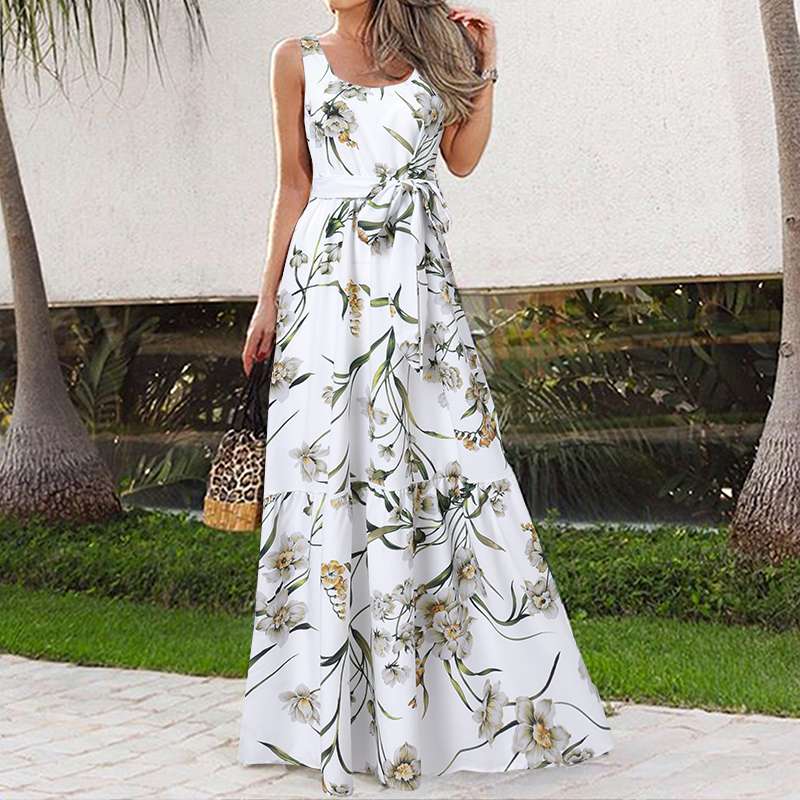 CHICDEAR Women Summer Sleeveless Dress Bohemian Elegant Floral Print Long Party Dress 2023 Holiday Casual Belted Thin Maxi Robe