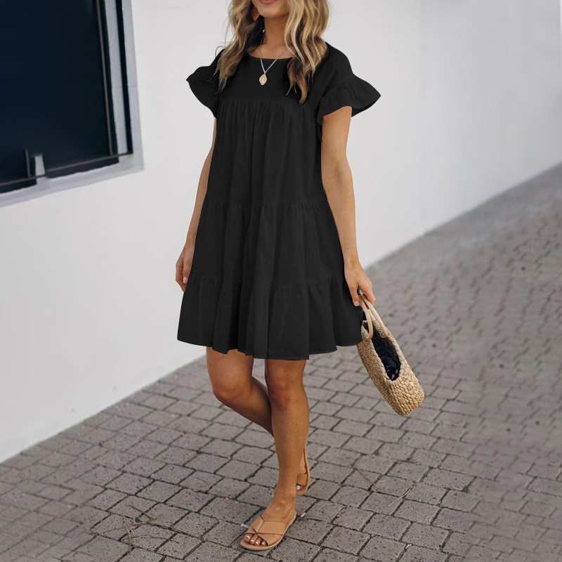CHICDEAR Ruffled Solid Sundress Fashion Loose Short Sleeve 2023 Summer Mini Dress Streetwear Women Bohemian Casual Vestidos