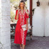 CHICDEAR 2023 Elegant Flare Sleeve V-Neck High Waist Summer Beach Dress Plus Size Women Street Wear Red Embroidered Midi Dress Q1042