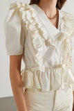 Chicdear Women Tiered Ruffles Crop Top Blouse 2023 Summer Loose Beige Sweet Slim Short Shirt Drawstring Peplum Top